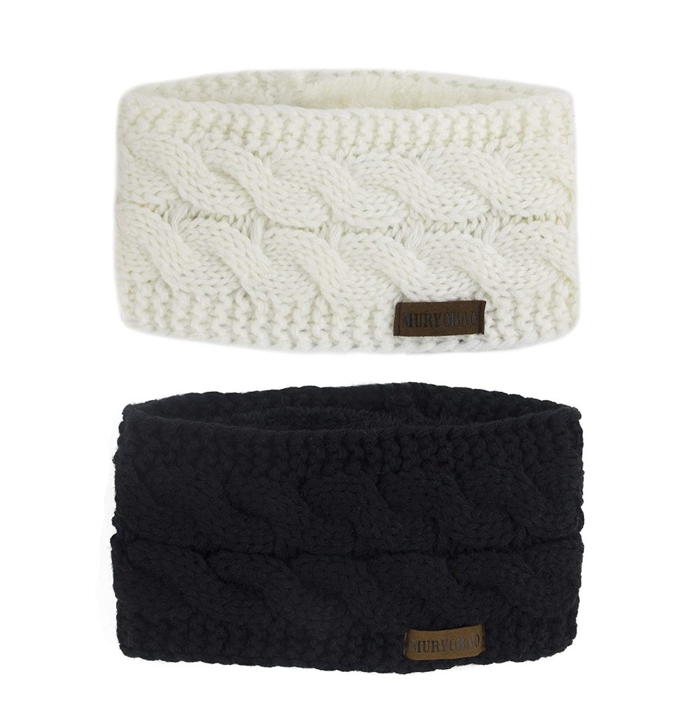 Cold Weather Headbands Women Winter Warm Headband Fuzzy Fleece Lined Thick Cable Knit Head Wrap Ear Warmer Black & White - CD...