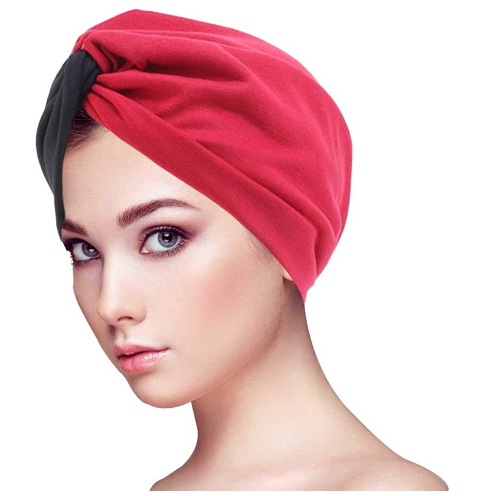 Skullies & Beanies 1Pack/2Packs Women Turban Splice Headwrap Beanie Pre-Tied Bonnet Chemo Cap Hair Loss Hat - Black&red Splic...