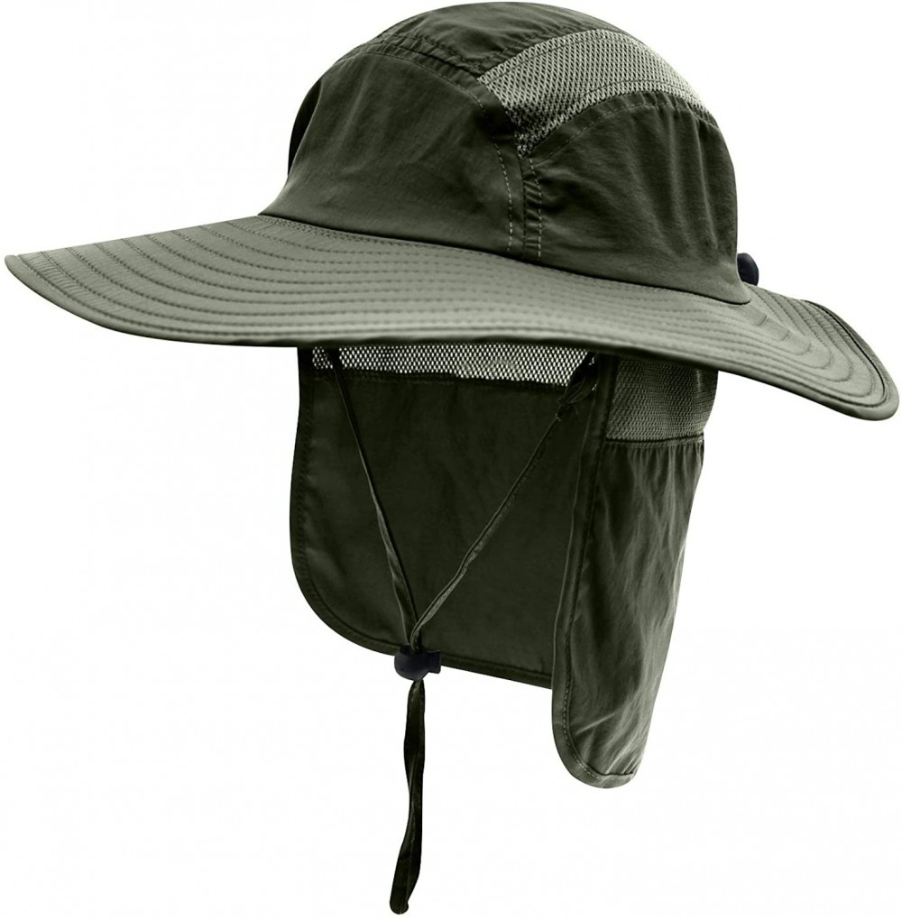 Sun Hats Mens UPF 50+ Sun Protection Cap Wide Brim Fishing Hat with Neck Flap - Army Green - C618CT0MTX7