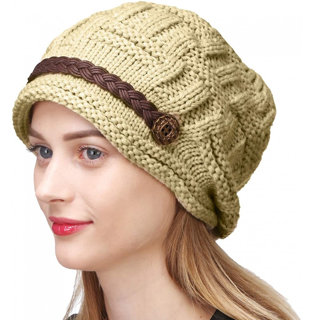 Skullies & Beanies Fashion Winter Warm Knit Beanie Crochet Cap Hat with Leather Strap - Beige - CX11HAMDD01