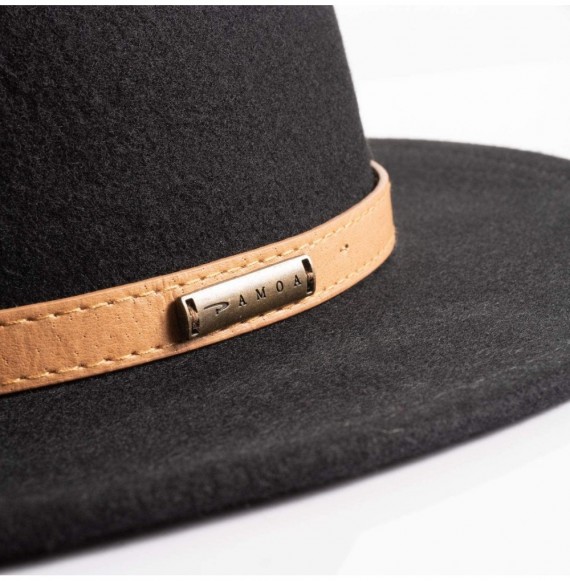 Fedoras Fedora Wide Brim Wool Hat with Faux Leather Belt - Black - C7192C8N7TI