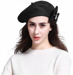 Berets Women's Franch Inspired Wool Felt Beret Hat Bow/Rivet/Floral Appliqued - Bow-black - CP1888I964A