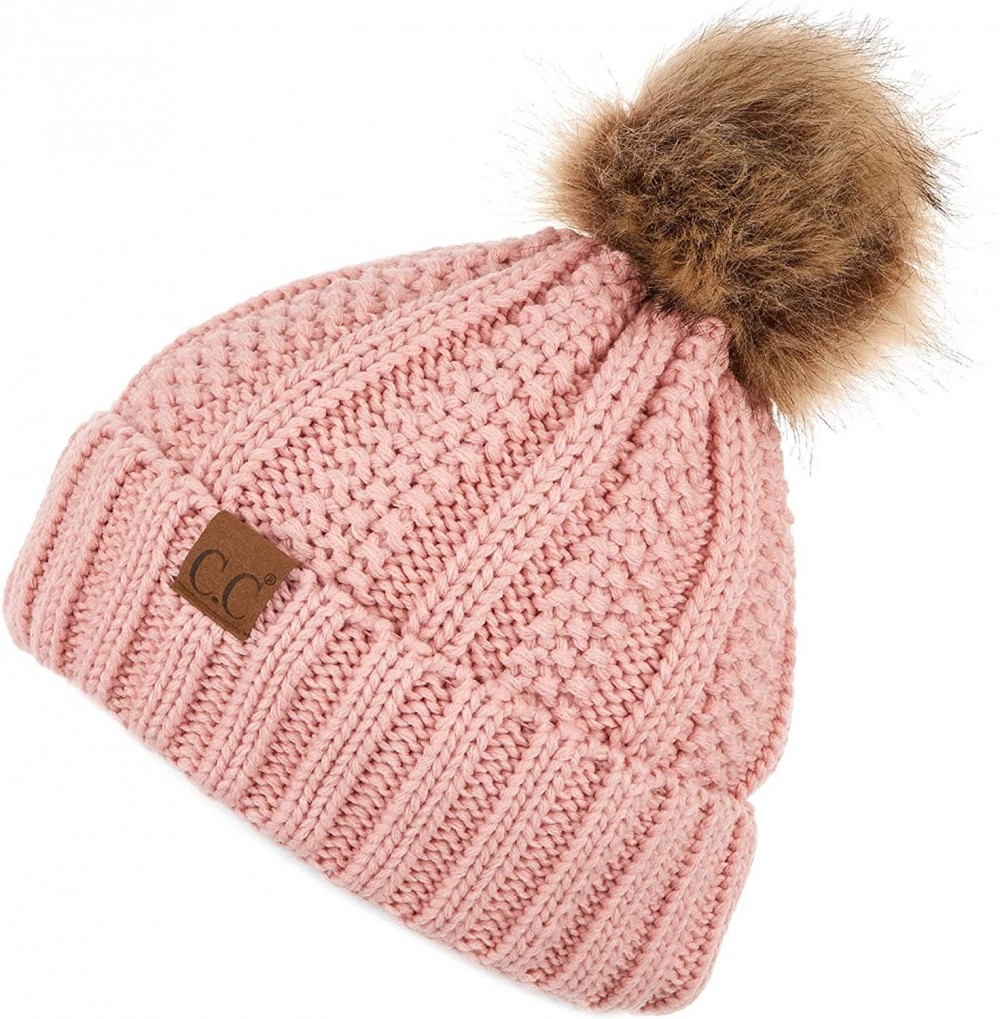 Skullies & Beanies Exclusives Fuzzy Lined Knit Fur Pom Beanie Hat (YJ-820) - Indi Pink - CE18I6O5X6U