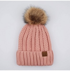 Skullies & Beanies Exclusives Fuzzy Lined Knit Fur Pom Beanie Hat (YJ-820) - Indi Pink - CE18I6O5X6U