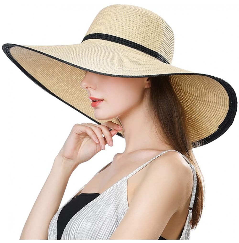Sun Hats Floppy Straw Sun Hat UPF 50 Wide Brim Beach Summer Hats Packable - 16025beigelarge - CO18R3AIGGS