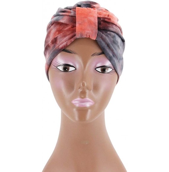 Skullies & Beanies Shiny Metallic Turban Cap Indian Pleated Headwrap Swami Hat Chemo Cap for Women - Pink Tie-dye - C118A4K5M54