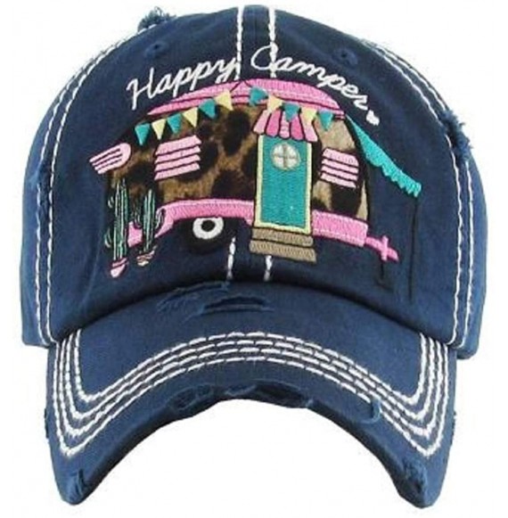 Baseball Caps Adjustable Happy Camper Distressed Baseball Cap Hat - Leopard Cheetah Navy Blue - CX18QWDDLWN
