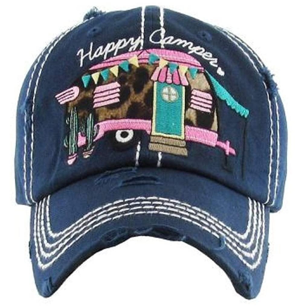 Baseball Caps Adjustable Happy Camper Distressed Baseball Cap Hat - Leopard Cheetah Navy Blue - CX18QWDDLWN