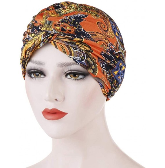 Skullies & Beanies Fashion Women Print India Hat Muslim Ruffle Cancer Chemo Beanie Turban Wrap Cap 2019 New - Orange - CQ18WR...