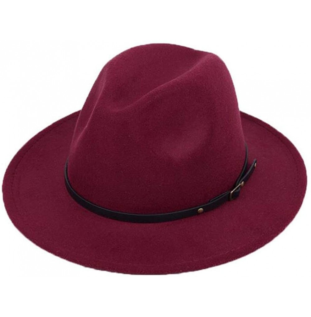 Fedoras 1PCS Wool Blend Fedora Hat with Belt Buckle Brim Hat Derby Cap Jazz Hat(Khaki) - Wine Red - CK18ZT8TTOA
