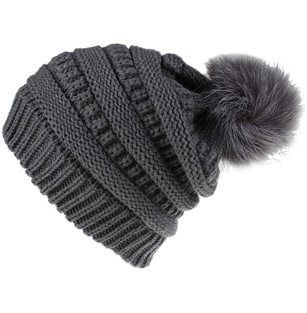 Skullies & Beanies Soft Winter Slouchy Beanie Cap for Women Chunky&Warm Cable Knit Ski Cap with Pom Pom.- Dark Gray - C418Z6Y...