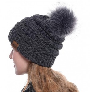 Skullies & Beanies Soft Winter Slouchy Beanie Cap for Women Chunky&Warm Cable Knit Ski Cap with Pom Pom.- Dark Gray - C418Z6Y...
