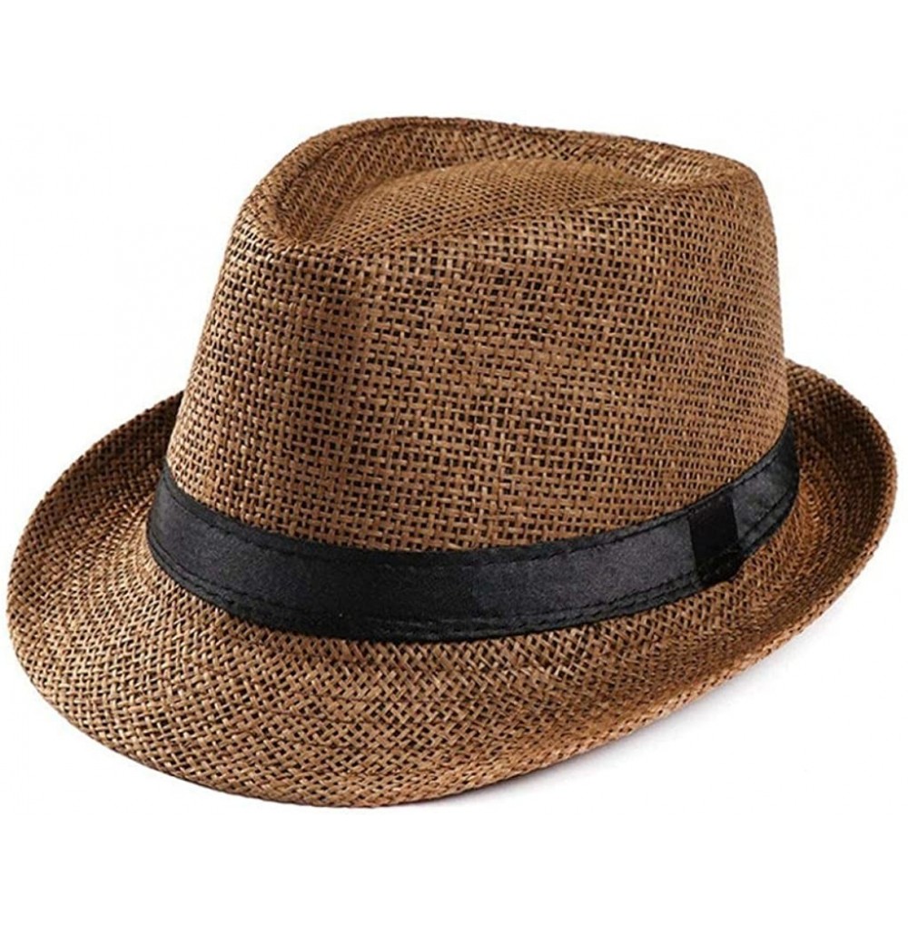 Sun Hats Women Straw Panama Hat Fedora Beach Sun Hat Wide Brim Straw Roll up Hat - Coffee - CM18T9HLYTS