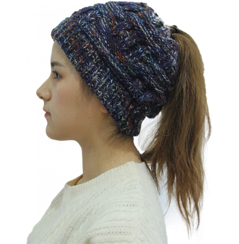 Skullies & Beanies Bun Beaines for Women Soft Stretch Cable Knit Messy High Bun Ponytail Beanie Hat - Color-navy - CK18YM5G8EI