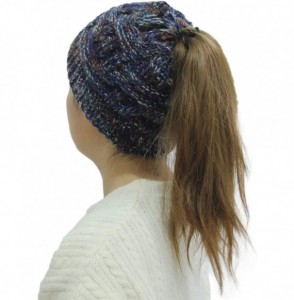 Skullies & Beanies Bun Beaines for Women Soft Stretch Cable Knit Messy High Bun Ponytail Beanie Hat - Color-navy - CK18YM5G8EI