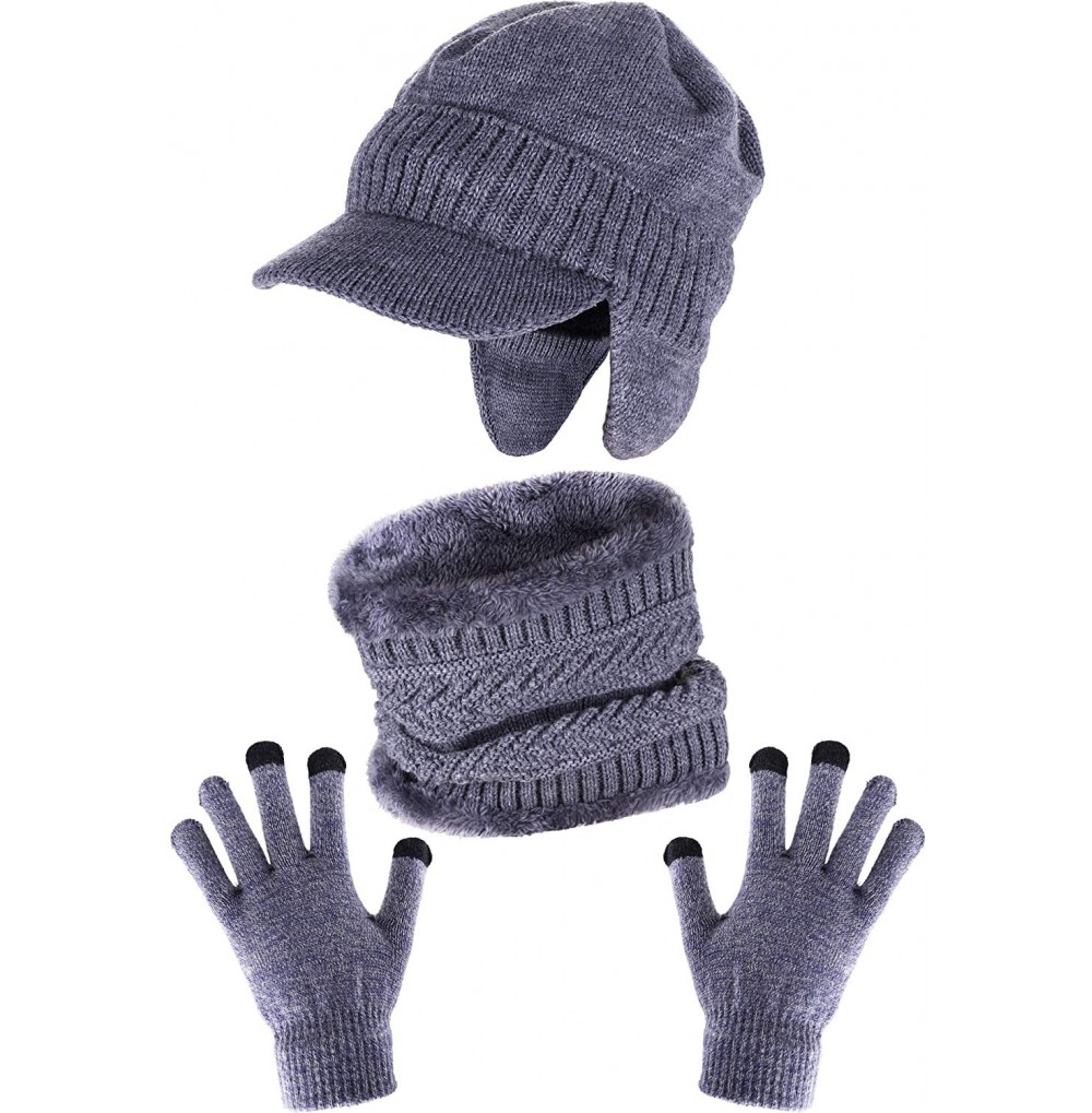 Skullies & Beanies 3 Pieces Warm Winter Set Includes Knitted Earflaps Hat Neck Warmer Hat Scarf Full Finger Gloves (Gray) - C...