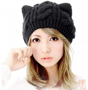 Skullies & Beanies Women's Adorable Cat Ears Beanies Caps Winter Thick Knitted Hat - Black - CV18L8TSDQH