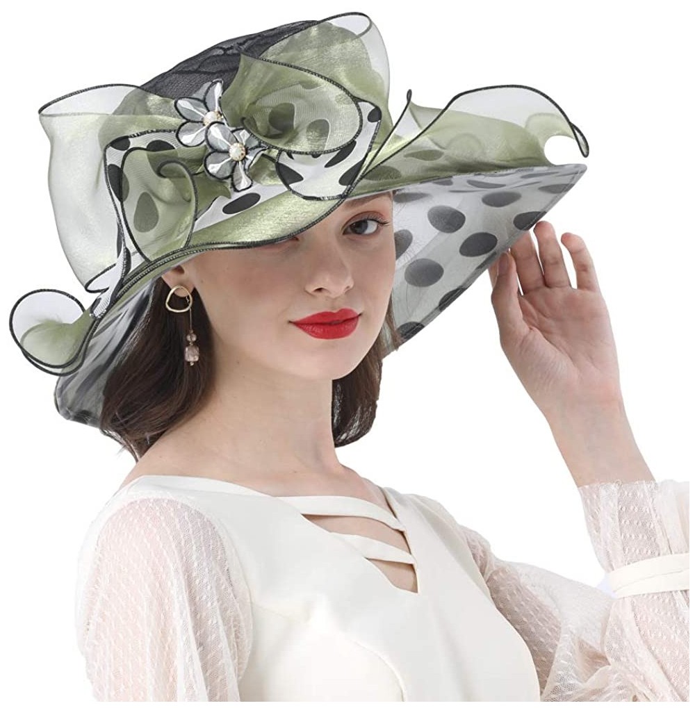 Sun Hats Women's Church Derby Tea Party Wedding Hat Polka Dot Organza Hats - Olive Green - C31949AWCHQ