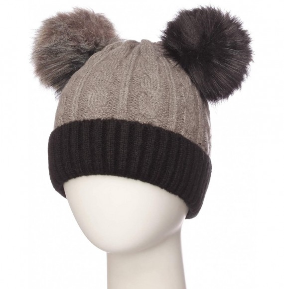 Skullies & Beanies Women's Double Pom Pom Beanie Warm Winter Knit Hat Cute Animal Look - Faux Fur Double Pom - Grey Black - C...