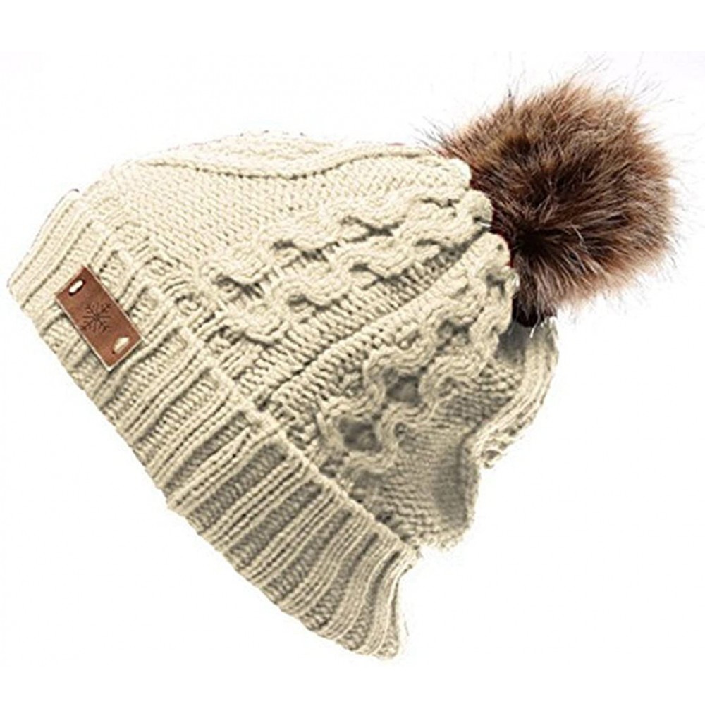 Skullies & Beanies Women's Fleece Lined Knitted Slouchy Faux Fur Pom Pom Cable Beanie Cap Hat - Khaki - C1187250G72