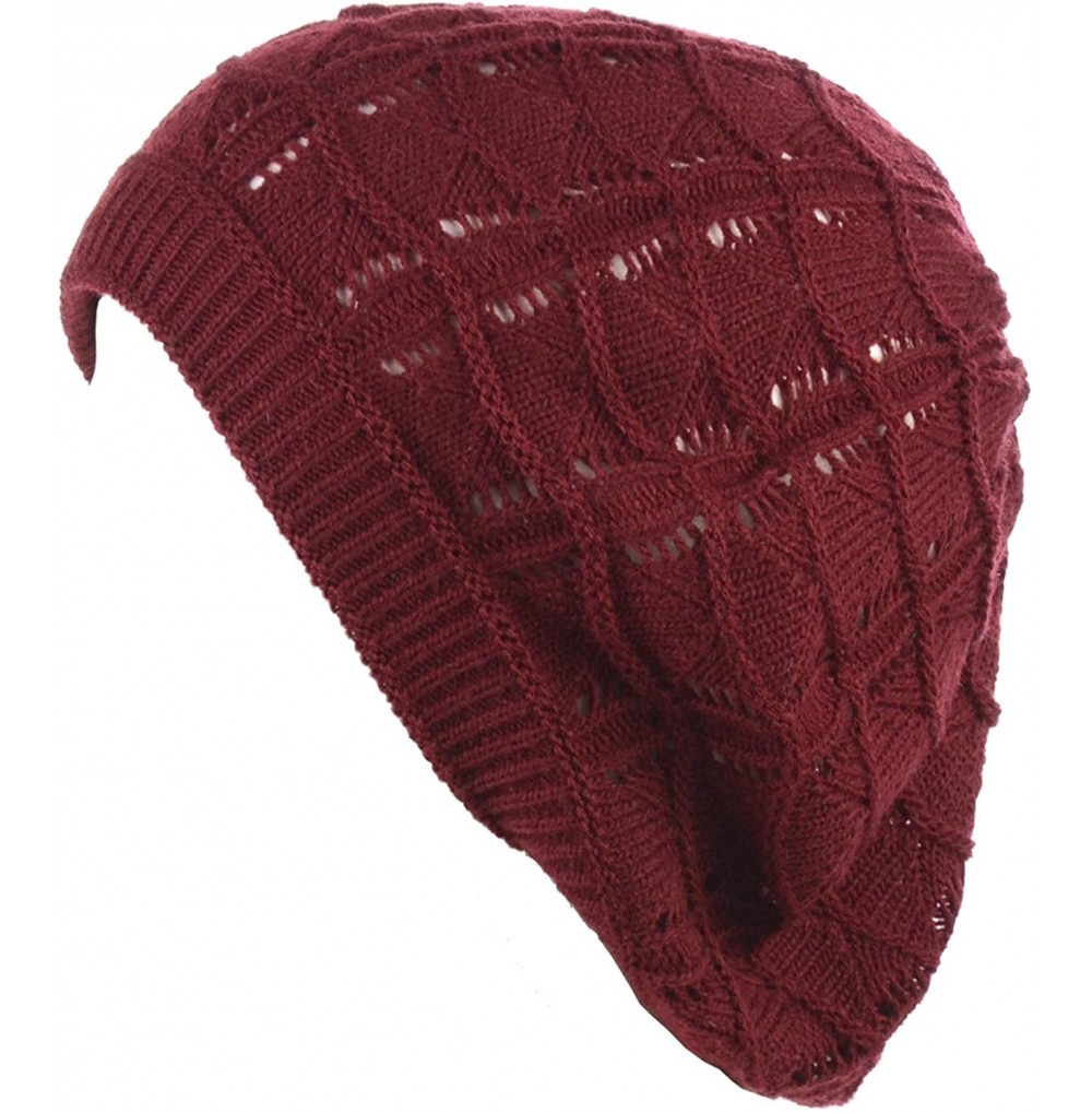 Berets Chic Soft Knit Airy Cutout Lightweight Slouchy Crochet Beret Beanie Hat - Red Wine Wavy Stripe - CY18AQ9WMW4