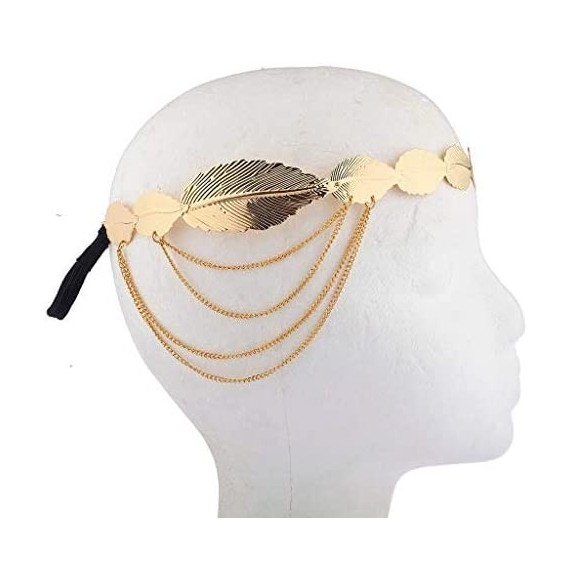 Headbands Gold Tone Casted Leaf Chain Goddess Hair Crown Stretch Headband - CD12NT51VPJ