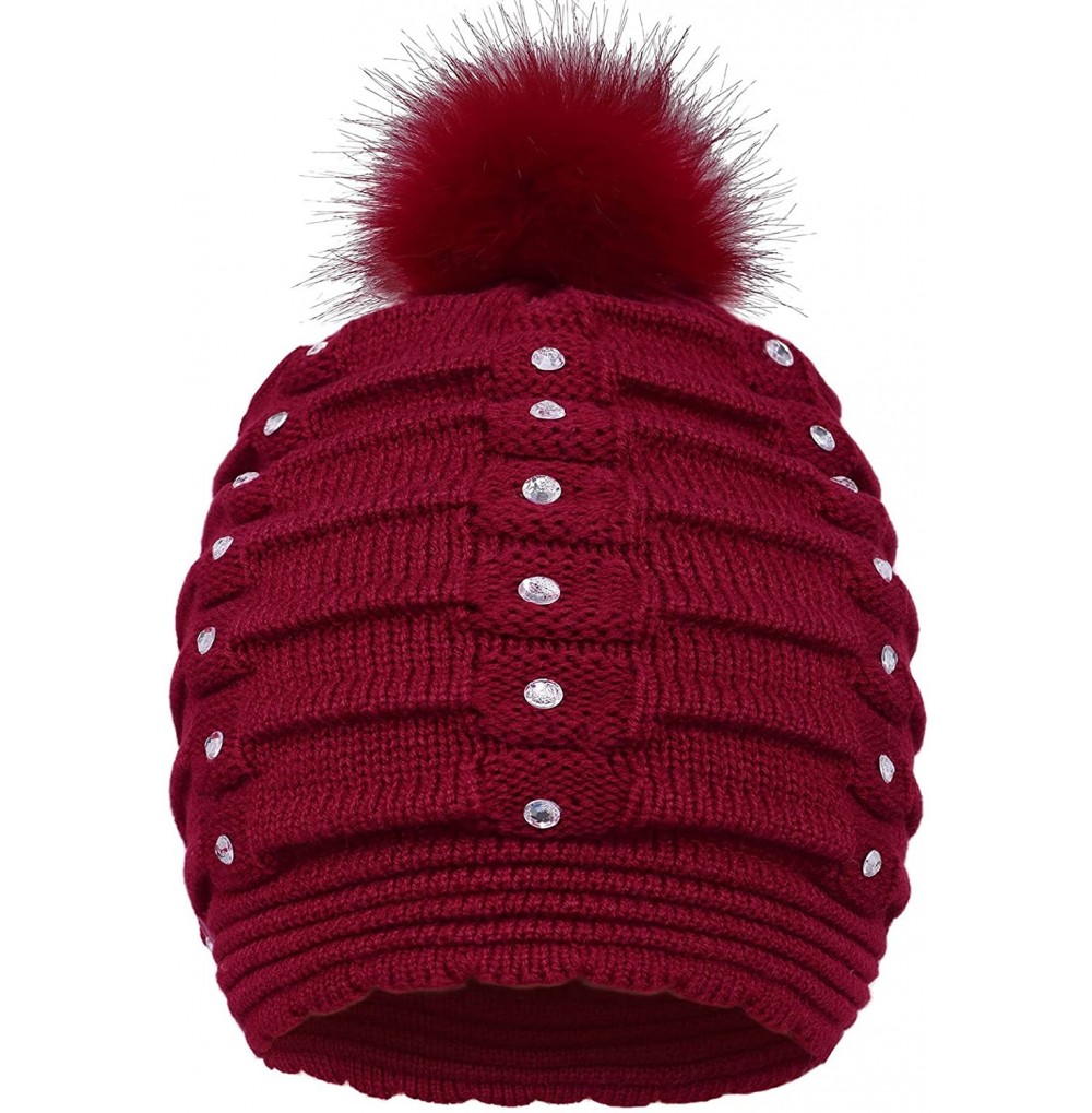 Skullies & Beanies Womens Faux Fur Pompom Knit Winter Beanie Hat w/Sequins - Burgundy - CA188NYM8HI