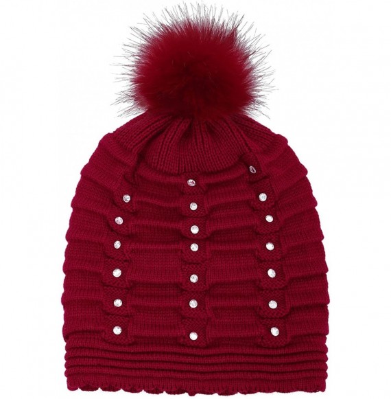 Skullies & Beanies Womens Faux Fur Pompom Knit Winter Beanie Hat w/Sequins - Burgundy - CA188NYM8HI