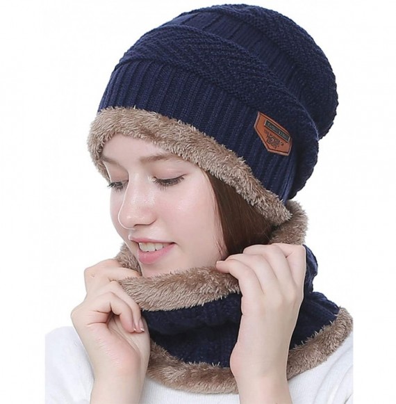 Skullies & Beanies 2-Pieces Winter Beanie Hat Scarf Set Warm Knit Hat Thick Fleece Lined Winter Hat & Scarf For Men Women Sku...