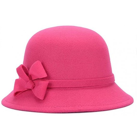 Skullies & Beanies Women's Top Bowler Cap Vintage Style Cloche Bucket Hats With Bowknot - Rose Red - CY188KW33C6