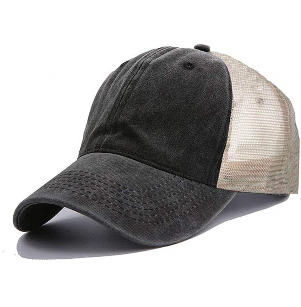 Baseball Caps Ponytail-Baseball-Hat Women Messy-Bun-Hat Cap - Washed Distressed - No Ponytail Black - C718GNUHY6O
