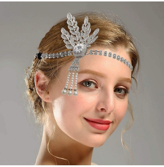 Headbands Headpiece 1920s Flapper Headband Leaf Pearl Tassel Headpiece Wedding Bridal Themed Party Hair Accessories - CN194AG...