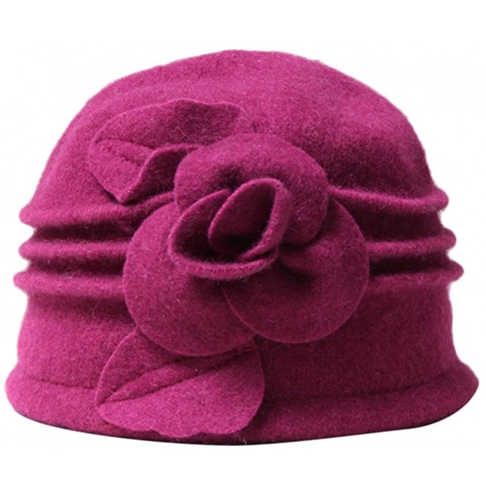 Fedoras Women 100% Wool Solid Color Round Top Cloche Beret Cap Flower Fedora Hat - 4 Fuschia - CP186WY948I