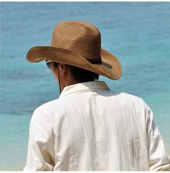 Cowboy Hats Men Straw Cowboy Hat Panama Outdoor Hat Wide Brim Shapeable Sun Hat - Light Coffee - C31884CU4ED