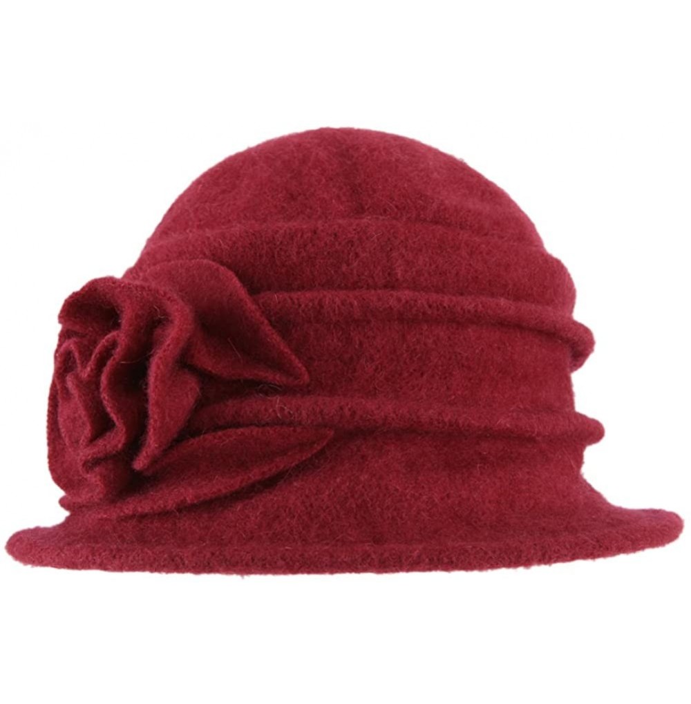 Bucket Hats Women's Elegent Floral Trimmed Wool Blend Cloche Winter Hat Party Hearwear - Red - C312NTXNVT3