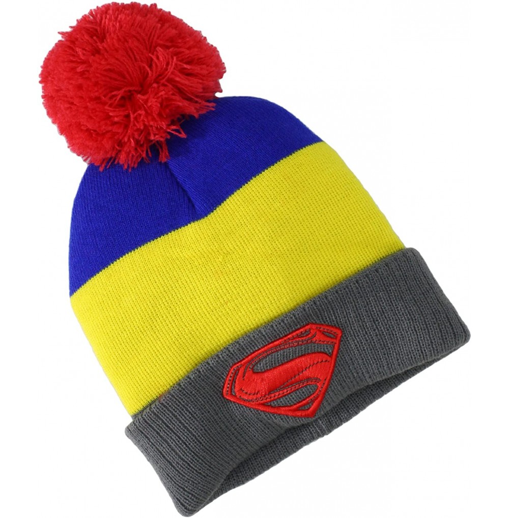 Skullies & Beanies Men's Superman-Man of Steel Pom Knit Hat - Yellow - CY11CJI9C75