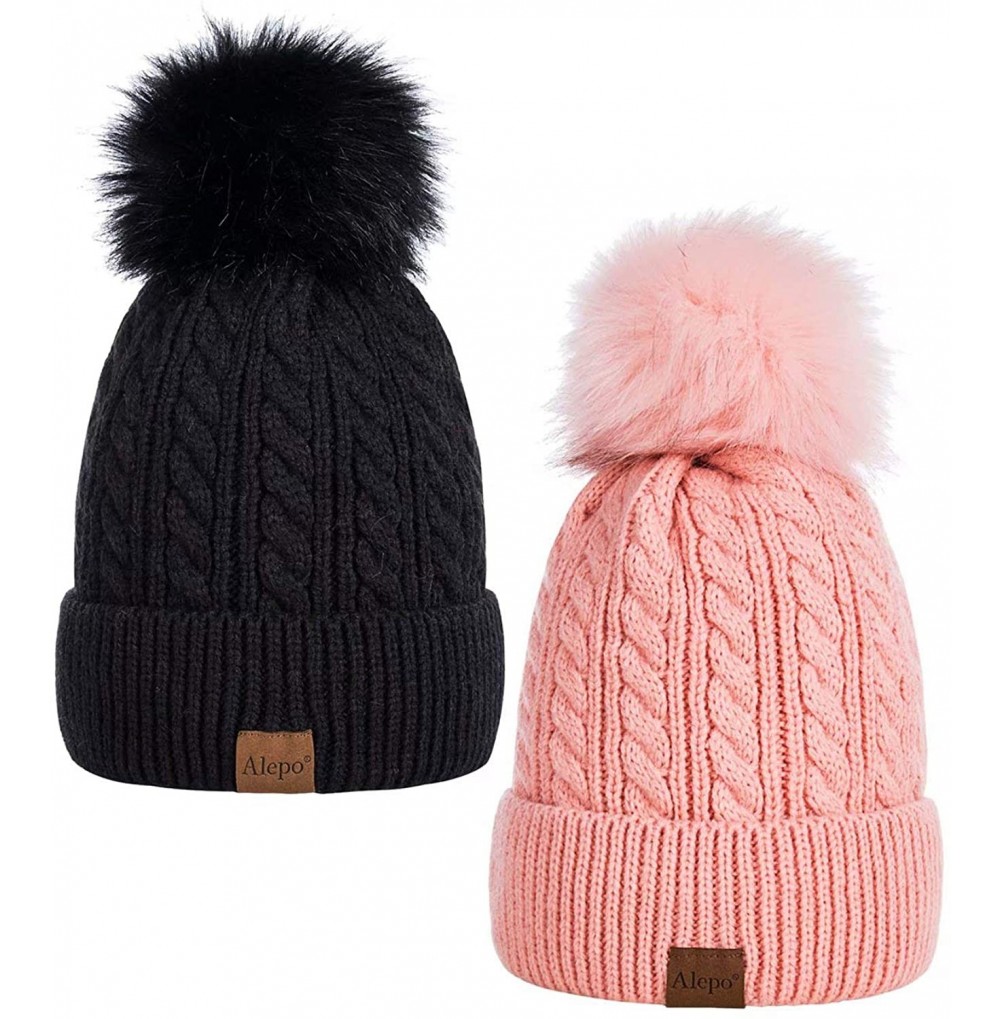 Skullies & Beanies Womens Winter Beanie Hat- Warm Fleece Lined Knitted Soft Ski Cuff Cap with Pom Pom - Black+pink - CU18AZYLXX5