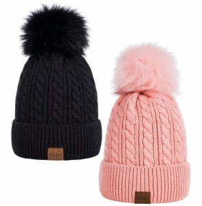 Skullies & Beanies Womens Winter Beanie Hat- Warm Fleece Lined Knitted Soft Ski Cuff Cap with Pom Pom - Black+pink - CU18AZYLXX5