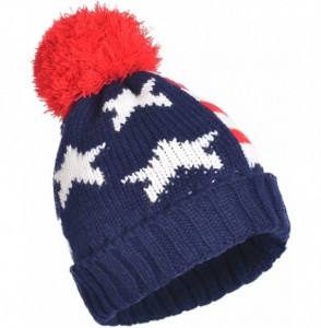 Skullies & Beanies American Flag Chunky Beanie with Pom Pom - Fall Winter Cuff Watch Cap - Knit Snowboarding Ski Hat - Blue/R...