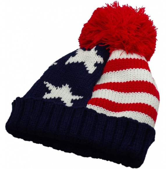 Skullies & Beanies American Flag Chunky Beanie with Pom Pom - Fall Winter Cuff Watch Cap - Knit Snowboarding Ski Hat - Blue/R...