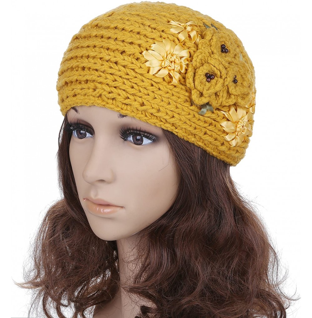 Headbands Women's Crochet Knitted Winter Headband with 3D Faux Pearl Flowers 2 - Yellow - C318700ED3C