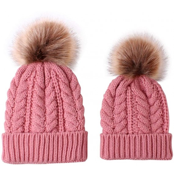Skullies & Beanies 2PCS Mother-Baby Knit Warm Hat Winter Parent-Child Hat Crochet Beanie Ski Cap Faux Fur Pom Pom - 04 - Pink...