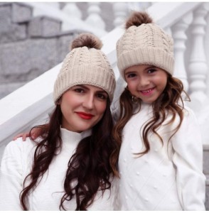 Skullies & Beanies 2PCS Mother-Baby Knit Warm Hat Winter Parent-Child Hat Crochet Beanie Ski Cap Faux Fur Pom Pom - 04 - Pink...