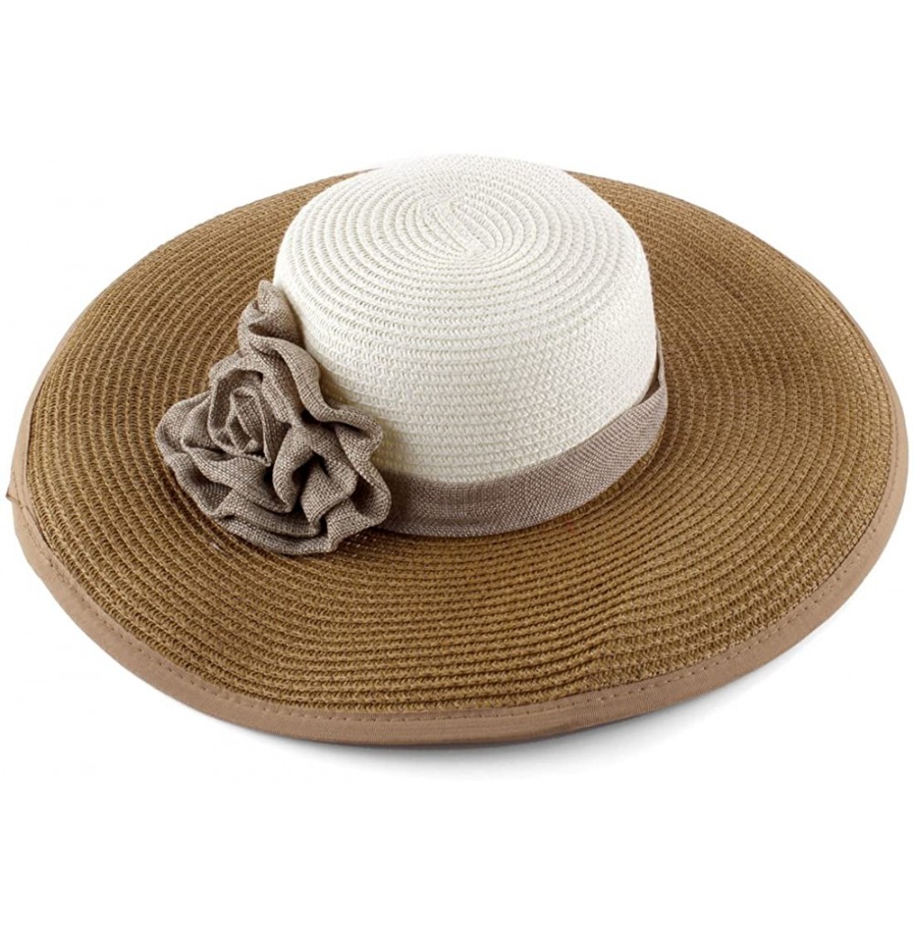 Sun Hats Lady Floppy Textured Woven Wide Brim Flower Embellished Sun Hat - Khaki - CM11HW777P7
