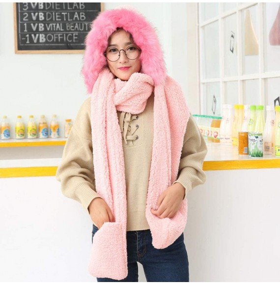 Skullies & Beanies Ladies Faux Fur Winter Warm Fluffy Hood Scarf Hat Snood Pocket Hats Gloves - Pink - CM18L9Q2Q76