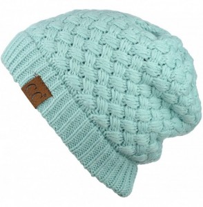 Skullies & Beanies Basketweave Knit Warm Inner Lined Soft Stretch Skully Beanie Hat - Mint - CK186YU6WG0