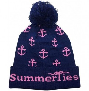 Skullies & Beanies Winter Hat with Pom Pom - Anchor - Pink on Navy - CH12OCIGQPK