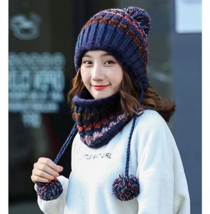 Skullies & Beanies Fleece Lined Women Knit Beanie Scarf Set Girls Winter Ski Hat with Earflap Pompom - Navy Blue - CA188QWM988