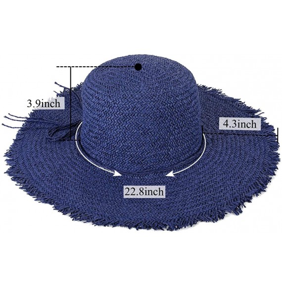 Sun Hats Women Hand-Woven Straw Hat Foldable Floppy Sun Hat Edge Wide Brim Beach Hat - Navy - CZ18QW8H4S0