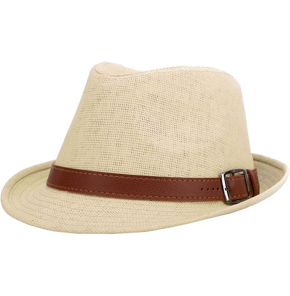 Fedoras Men/Women's UV Sun Protective Straw Fedora Hat w/Leather Buckle Band - Natural Hat Brown Belt - CU183A6Z6UI